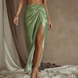 12th Tribe Toulouse Metallic Sage Maxi Skirt
